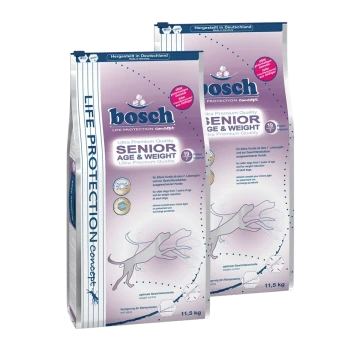 Zwei Säcke Bosch Ultra Premium Quality Senior Age & Weight Hundefutter, jeweils 11,5 kg, mit einer Silhouette eines Hundes und Nährwertinformationen.