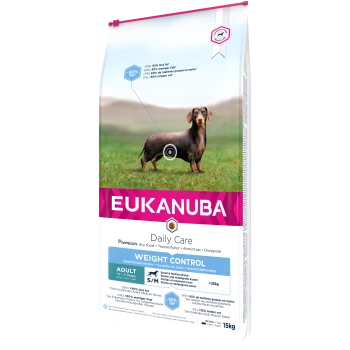 Eukanuba Daily Care Trockenfutter für Hunde in einer Tüte mit einem Dackel auf Gras, gekennzeichnet mit "Gewichtskontrolle" für kleine und mittelgroße Rassen, 15 kg.