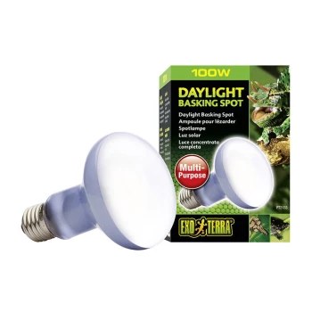Daylight basking spot bulb with packaging, labeled "100W DAYLIGHT BASKING SPOT" and "Multi-Purpose," featuring images of reptiles.