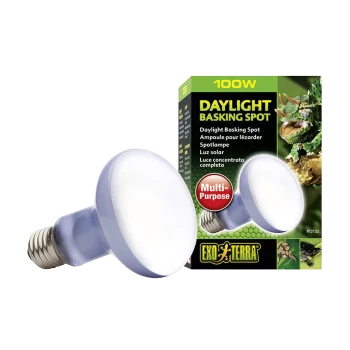Daylight basking spot bulb with packaging, labeled "100W DAYLIGHT BASKING SPOT" and "Multi-Purpose," featuring images of reptiles.