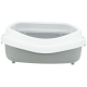 Eine moderne, grau-weiße Katzentoilette mit einem eleganten Design und einer transparenten oberen Kante.