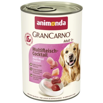 Dose Animonda GranCarno Adult 1+ Hundefutter, Multi Meat Cocktail Geschmack, mit Bild eines Golden Retrievers und Fleischstücken.