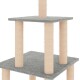 Grauer Katzenbaum mit zwei Plattformen und mit Sisal umwickelten Kratzpfosten, entworfen für das Spielen und Entspannen von Katzen.