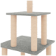 Grauer Katzenbaum mit zwei Plattformen und mit Sisal umwickelten Kratzpfosten, entworfen für das Spielen und Entspannen von Katzen.