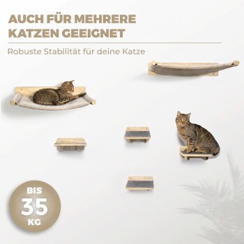 Wandmontierte Katzenregale und Hängematte aus Holz mit zwei getigerten Katzen; AUCH FÜR MEHRERE KATZEN GEEIGNET; BIS 35 KG