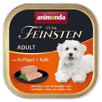 Vom Feinsten Adult 22x150g Geflügel und Kalb Hundefutterdose mit einem weißen Hund, mit dem Text "animonda vom Feinsten ADULT mit Geflügel + Kalb" und einem Stück Fleisch auf einem Teller.