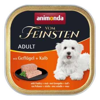 Hondenvoerblik met een witte hond, met de tekst "animonda vom Feinsten ADULT mit Geflügel + Kalb" en een portie vlees op een bord.