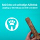 Natürliche und nachhaltige Kauartikel aus Kaffeeholz für Haustiere, unterstützen Kiefer und Zähne, mit Pfoten- und Zahn-Icon.
