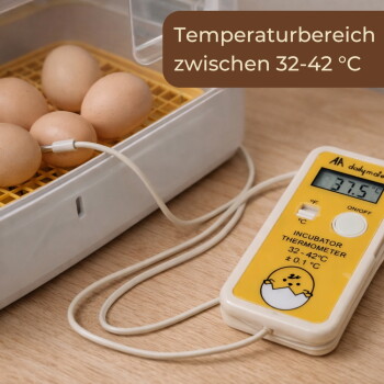 Braune Eier in einem Brutgerät mit Sonde und gelbem Thermometer, das 37,5 °C anzeigt; Beschriftung 'Temperaturbereich 32–42 °C'