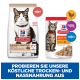 Nourriture pour animaux Hill's Science Plan : "Culinary Creations Adult 1-6" sèche avec saumon, et "Adult 1-6 Chicken Chunks & Gravy" humide.