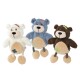 Three plush bear toys in white, blue, and brown, each with a smiling face and colorful stitched details on their bellies.
