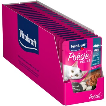 Vitakraft Poésie Délice Katzenfutterbeutelbox, mit einer weißen Katze und dem Text "Sauce mit Kabeljau" und "Kein Zucker hinzugefügt."