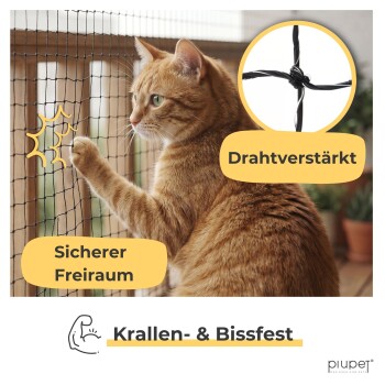 Katze berührt verstärktes Drahtgitternetz mit Text „Sicherer Freiraum“ und „Drahtverstärkt“, das ein krallen- und bissfestes Sicherheitsnetz bewirbt.
