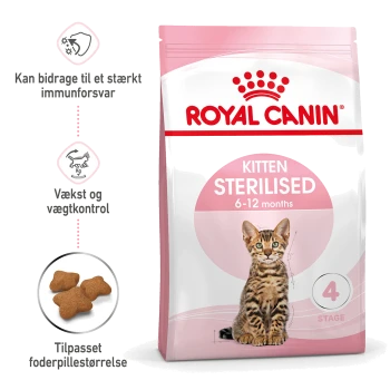 Royal Canin Kitten Sterilised dry food for kittens aged 6-12 months, featuring a Bengal kitten on the packaging and key benefits listed.