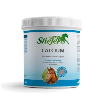 Behälter mit Stiefel Calcium-Pulver für Pferde, mit einem Pferdebild und Text: "Mit Calcium und Vitamin D3" und "Für starke Knochen."