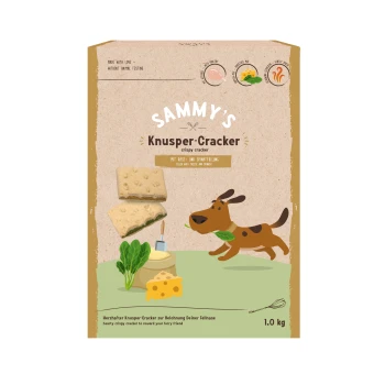 Knusper-Cracker 1 kg Verpackung für "Sammy's Knusper-Cracker," mit einem verspielten Hund, Käse und Spinat gefüllten Crackern, mit Text in Deutsch und Englisch.