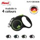 Black flexi dog leash with green accents, labeled "Available in 4 colours," featuring the flexi logo and "Made in Germany" badge.