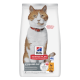 Hill's Science Plan 'Sterilised Cat'-Tüte mit großem orange-weißem Kater mit rotem Halsband; Beschriftungen 'Sterilised Cat' und 'with chicken'.