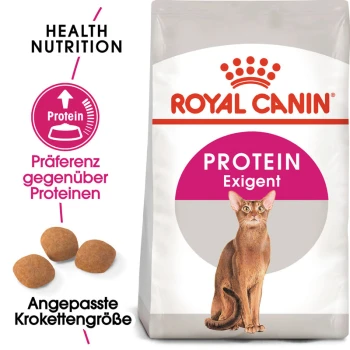 Royal Canin Protein Exigent Katzenfutterbeutel mit einer Katzenillustration, die Gesundheit, Proteinpräferenz und angepasste Kibblesgröße betont.