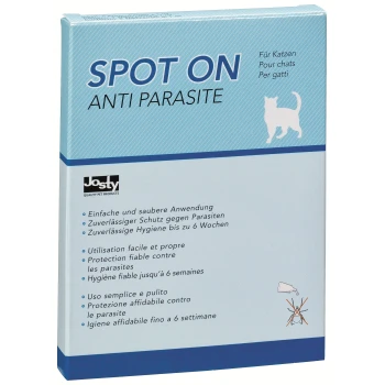Spot On Anti-Parasiten-Behandlung für Katzen, mit mehrsprachigen Anweisungen und Ansprüchen auf zuverlässigen Schutz für bis zu 6 Wochen.