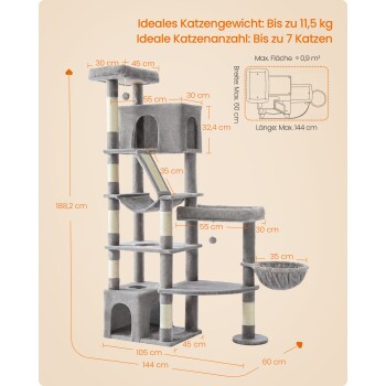Grauer Kratzbaum mit Höhle, Hängematte, Sitzplätzen und Kratzstämmen. Sichtbarer Text: „Ideales Katzengewicht: Bis zu 11,5 kg“.