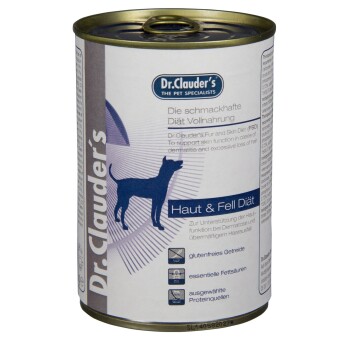 Dosen-Hundefutter von Dr. Clauder's, gekennzeichnet mit "Haut & Fell Diät", entwickelt zur Unterstützung der Hautfunktion bei Hunden mit Dermatitis.