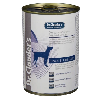 Dosen-Hundefutter von Dr. Clauder's, gekennzeichnet mit "Haut & Fell Diät", entwickelt zur Unterstützung der Hautfunktion bei Hunden mit Dermatitis.