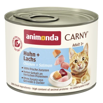 Blik Animonda Carny Adult 1+ kattenvoer met kip en zalm, 100% verse ingrediënten, geen toegevoegde granen of suiker.