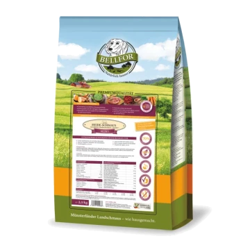 Eine Tüte BELLFOR "HEIDE-SCHMAUS MINI" Hundefutter mit einer malerischen Landschaft im Hintergrund und Nährwertinformationen auf der Rückseite.