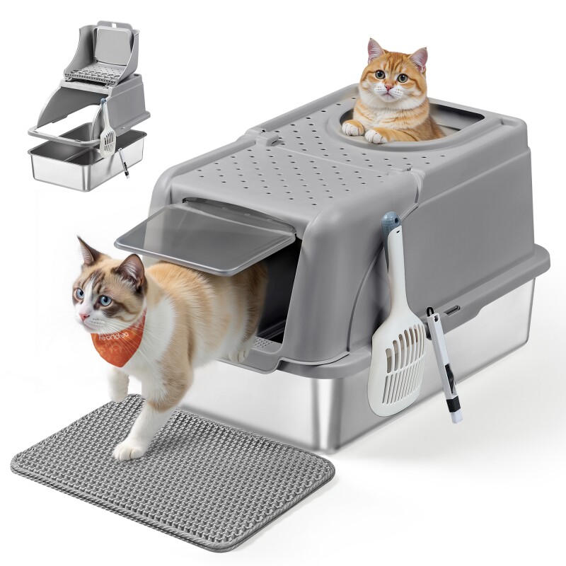 FEANDREA Edelstahl Katzentoilette XL mit Deckel 2 Eingängen dunkelgrau