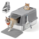 Eine graue Katzenstreu-Box mit oberem Eingang, mit einer Katze darin und einer anderen Katze, die herauskommt. Enthält eine Schaufel und eine strukturierte Matte.