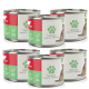 Sechs Dosen Fellicita Katzenfutter, mit einem grün-roten Design und einem Pfotenabdruck-Logo, mit der Aufschrift "Rind" und "Mono-Protein."