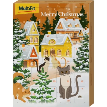 Ein festlicher Haustier-Adventskalender mit bunten Illustrationen von Katzen und schneebedeckten Häusern, mit dem Text "Frohe Weihnachten" oben.