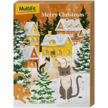 Ein festlicher Haustier-Adventskalender mit bunten Illustrationen von Katzen und schneebedeckten Häusern, mit dem Text "Frohe Weihnachten" oben.