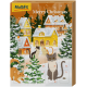 Calendrier de l'Avent pour animaux de compagnie festif avec des illustrations colorées de chats et de maisons enneigées, avec le texte "Joyeux Noël" en haut.