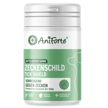 Behälter von AniForte Tick Shield für mittelgroße Hunde, mit einer Hundegrafik und Text in Deutsch und Englisch.