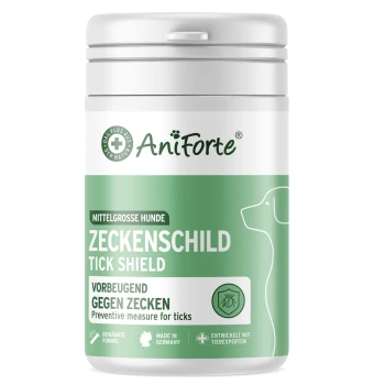 Behälter von AniForte Tick Shield für mittelgroße Hunde, mit einer Hundegrafik und Text in Deutsch und Englisch.