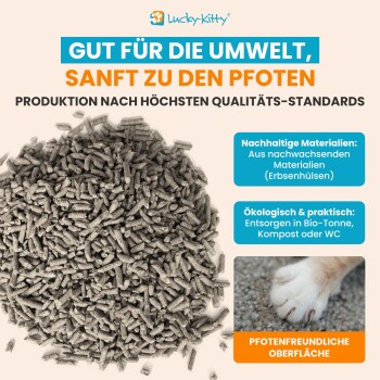 Lucky-Kitty Katzenstreu-Pellet-Haufen und Katzenpfote; deutsche Überschrift 'GUT FÜR DIE UMWELT, SANFT ZU DEN PFOTEN'.