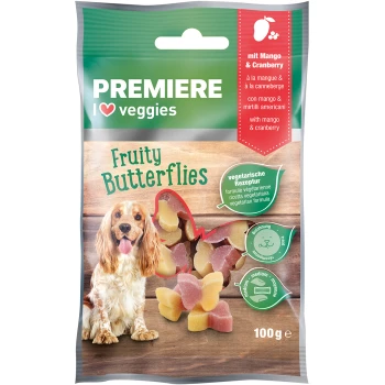 Opakowanie przysmaków dla psów "Premiere I Love Veggies" Fruity Butterflies z cocker spaniel i kolorowymi przekąskami z mango i żurawiny.
