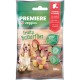 Eine Packung "Premiere I Love Veggies" Fruity Butterflies Hundeleckerlis mit einem Cocker Spaniel und bunten Mango- und Cranberry-Snacks.