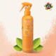 Eine Sprühflasche mit "Ditch The Dirt" Tierdeodorant, orange mit einem Sprühkopf, mit Symbolen für Orangenschale und Aloe Vera sowie Inhaltsstoffdetails.