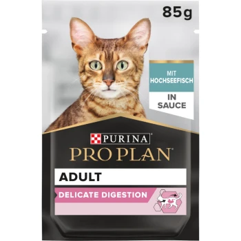 Delicate Nutrisavour 26x85g Hochseefisch Purina Pro Plan Adult Katzenfutterbeutel, 85g, mit einer Bengal-Katze auf der Vorderseite, beschriftet mit "Delicate Digestion" und "Mit Hochseefisch in Sauce."