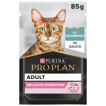 Purina Pro Plan Adult Katzenfutterbeutel, 85g, mit einer Bengal-Katze auf der Vorderseite, beschriftet mit "Delicate Digestion" und "Mit Hochseefisch in Sauce."