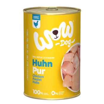 Gelbe Dose "WOW Dog" Hühner-Nassfutter mit dem Text "Huhn Pur" und "100% einzelnes Protein" mit sichtbaren Hühnerstücken.