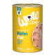 Gelbe Dose "WOW Dog" Hühner-Nassfutter mit dem Text "Huhn Pur" und "100% einzelnes Protein" mit sichtbaren Hühnerstücken.