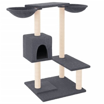 Grauer Katzenbaum mit zwei erhöhten Schalen, einem gemütlichen, würfelförmigen Versteck und mehreren Plattformen zum Klettern und Entspannen.