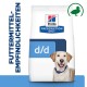 Hill's Prescription Diet d/d Hundefutterbeutel mit einem gelben Labrador. Der Text lautet 'FUTTERMITTEL-EMPFINDLICHKEITEN' und ein grünes Entensymbol.