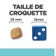 Image comparant la taille des croquettes pour animaux de compagnie à un dé bleu, avec des croquettes mesurant 28 mm et un dé mesurant 16 mm, étiqueté "TAILLE DE CROQUETTE."