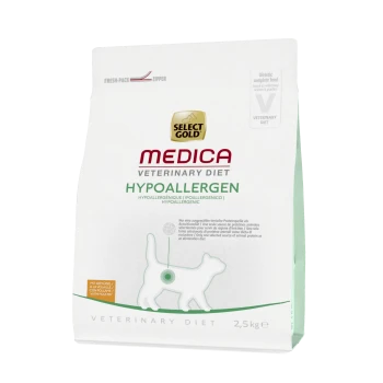 Select Gold Medica Veterinary Diet Hypoallergenic dog food, 2.5 kg bag, featuring a green and white design with a dog silhouette.