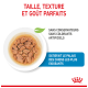 Nourriture pour chiens dans un bol blanc avec un bouillon savoureux, avec le texte : "Taille, texture et goût parfaits" et "Sans conservateurs, sans colorants artificiels."